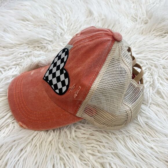 Coral Distressed Cap with Silver Star and Checkered Heart - Picture 6 of 6